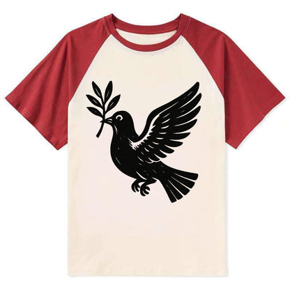 Dove carrying olive branch - peace movement ink painting - Contrast Raglan T-shirt - Red
