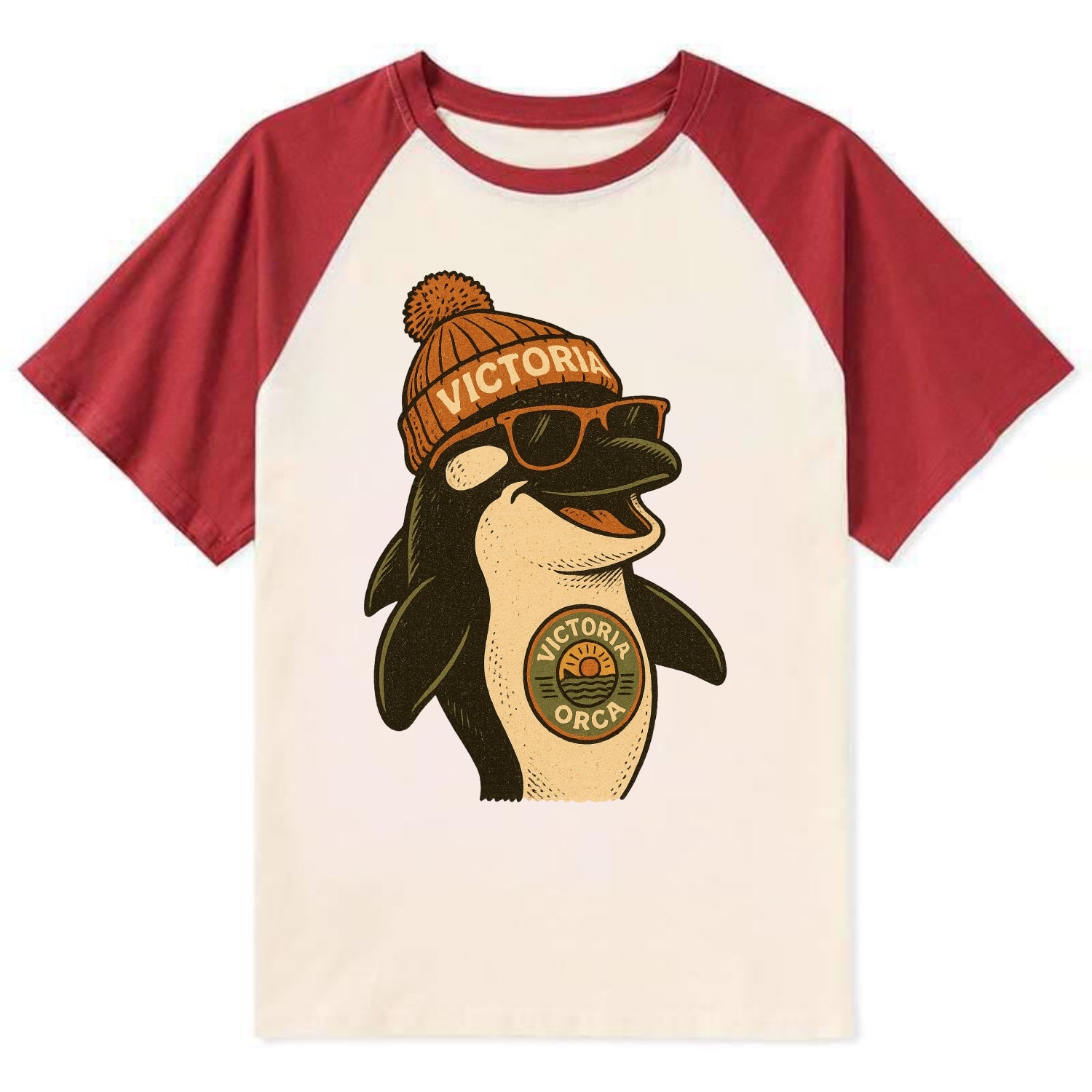 Victoria Orca wearing Victoria beanie wi - Contrast Raglan T-shirt - Red