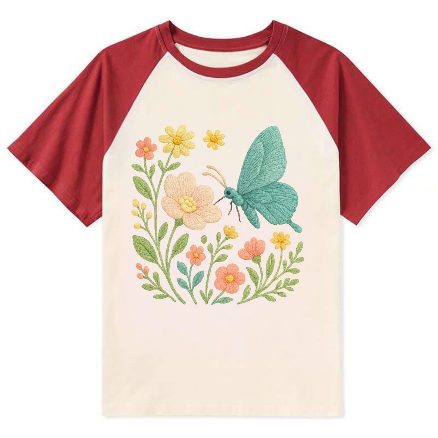 Mint Night Butterfly - Contrast Raglan T-shirt - Red