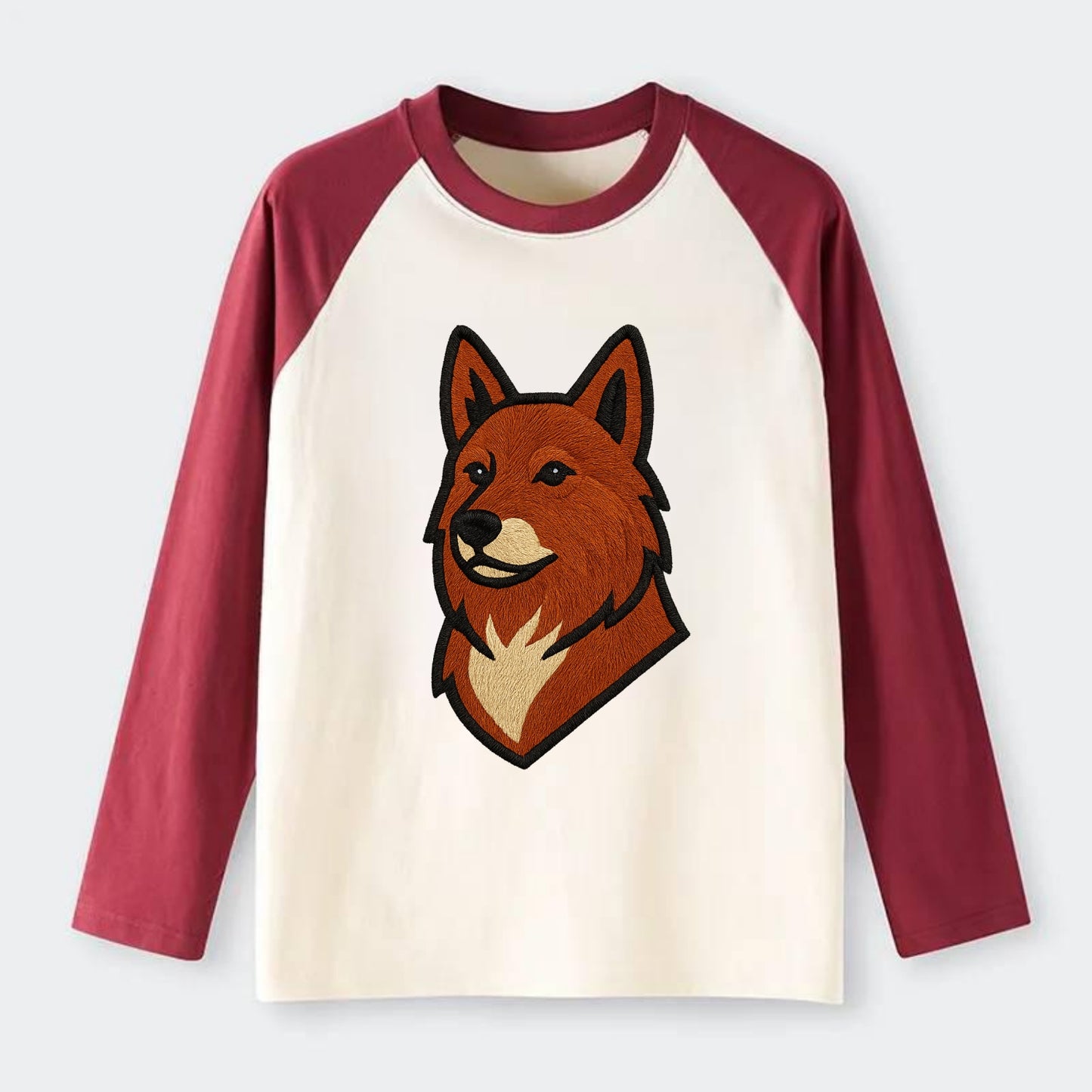 Finnish Spitz - Fox-red pointed ears embroidered pose - Raglan Long Sleeve T-Shirt - Red