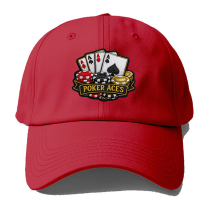 Embroidered patch design - POKER ACES - four aces with chips in red, black and gold - Baseball Cap - Red