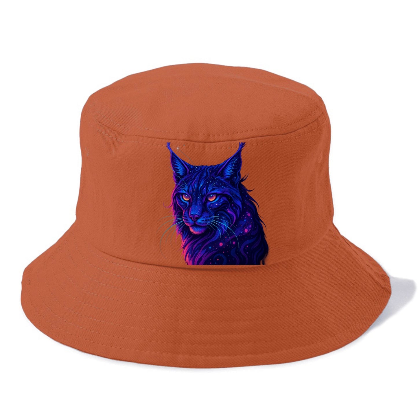 Stealthy lynx with ear tufts forming constellation patterns, nebula spots across the - Bucket Hat - Red