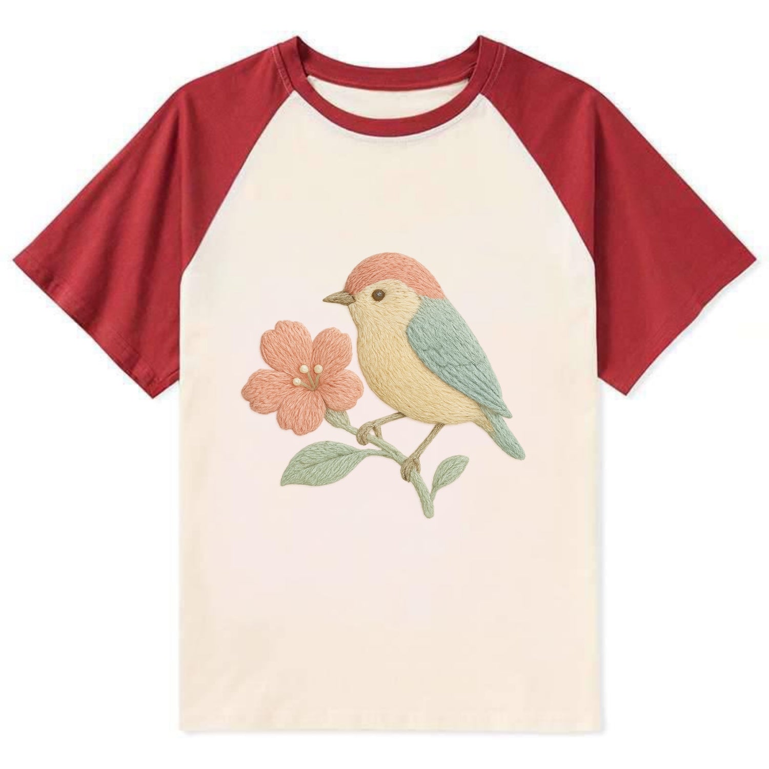Peach Flowerpecker - Contrast Raglan T-shirt - Red