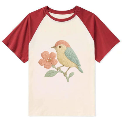 Peach Flowerpecker - Contrast Raglan T-shirt - Red