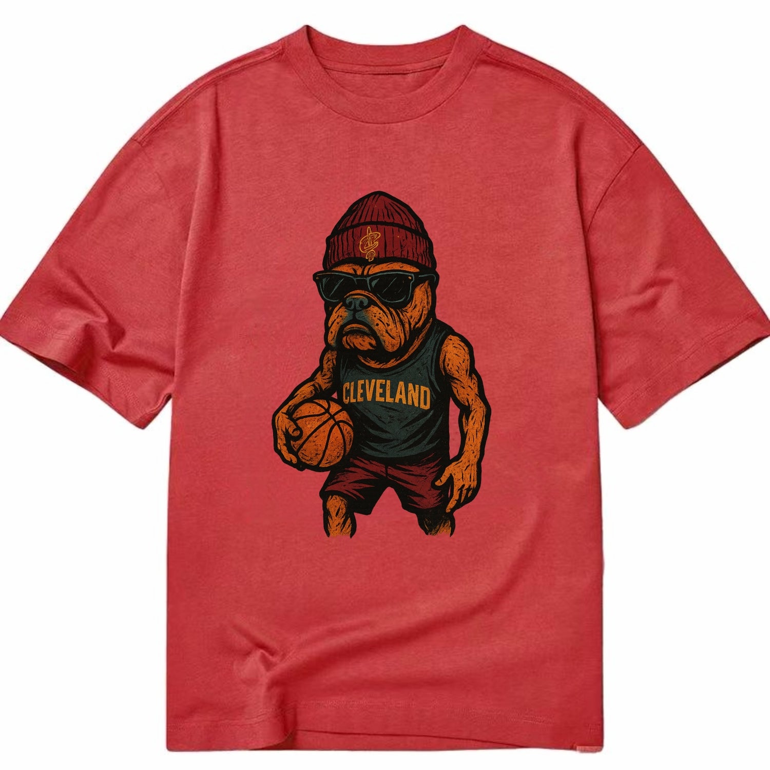 Cleveland Bulldog wearing Cavaliers wine and gold beanie with sword patch and - Classic T-shirt - Red