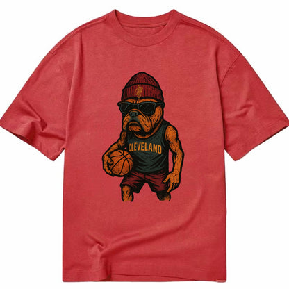 Cleveland Bulldog wearing Cavaliers wine and gold beanie with sword patch and - Classic T-shirt - Red