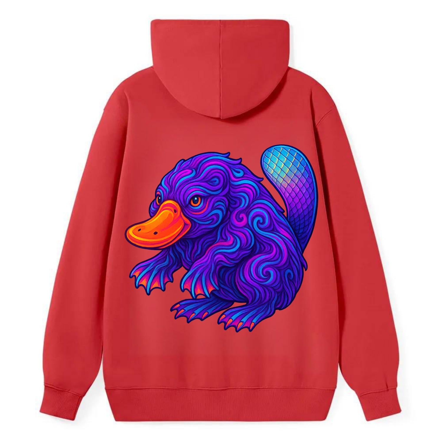 Quirky platypus with bill glowing in neon orange, beaver tail with - Classic Pullover Hoodie - Red