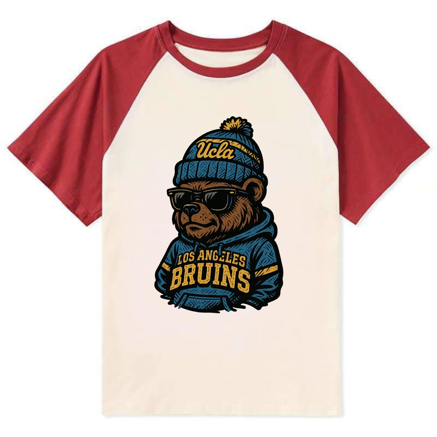 Los Angeles Bruin wearing UCLA beanie with script patch - Contrast Raglan T-shirt - Red