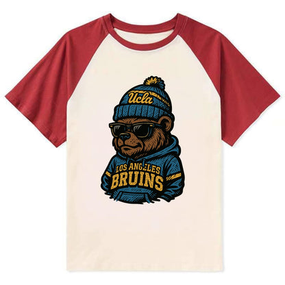 Los Angeles Bruin wearing UCLA beanie with script patch - Contrast Raglan T-shirt - Red