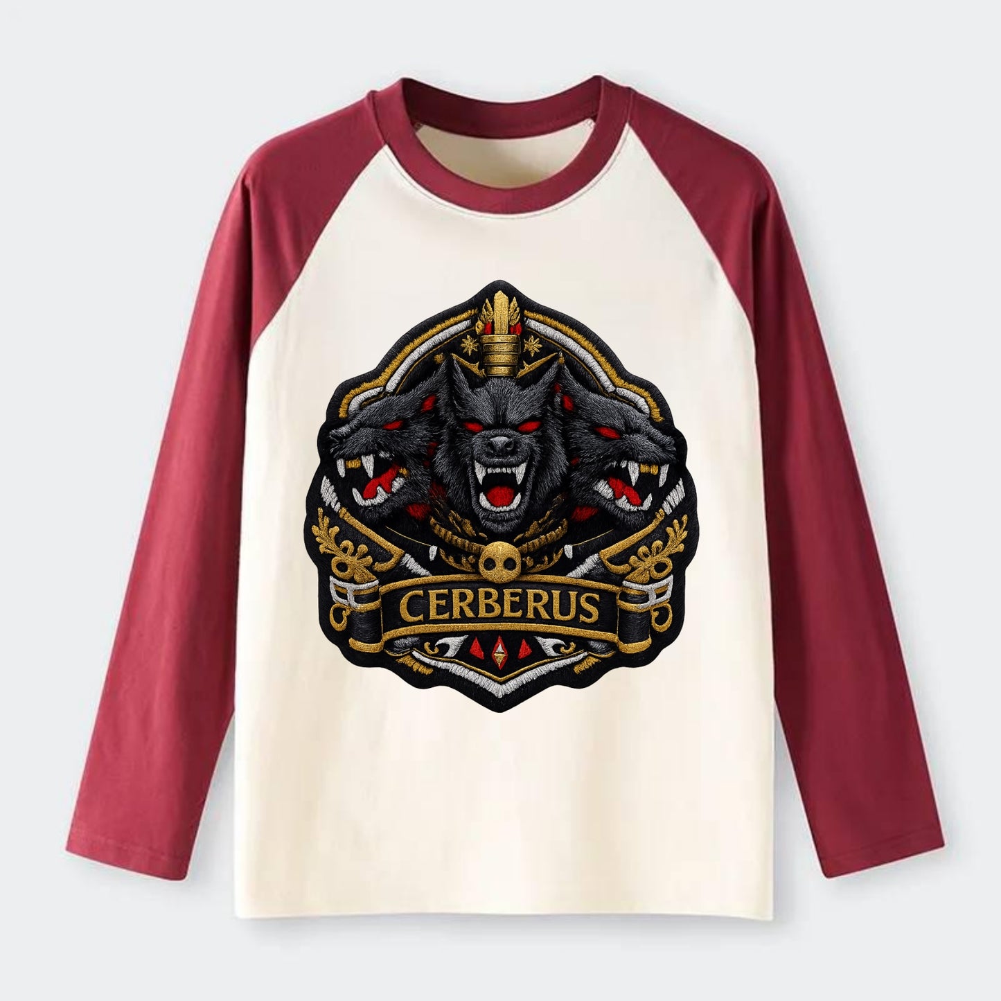 CERBERUS THREE HEADS - triple hound in black and red , underworld - Raglan Long Sleeve T-Shirt - Red