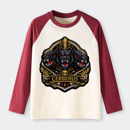 CERBERUS THREE HEADS - triple hound in black and red , underworld - Raglan Long Sleeve T-Shirt - Red