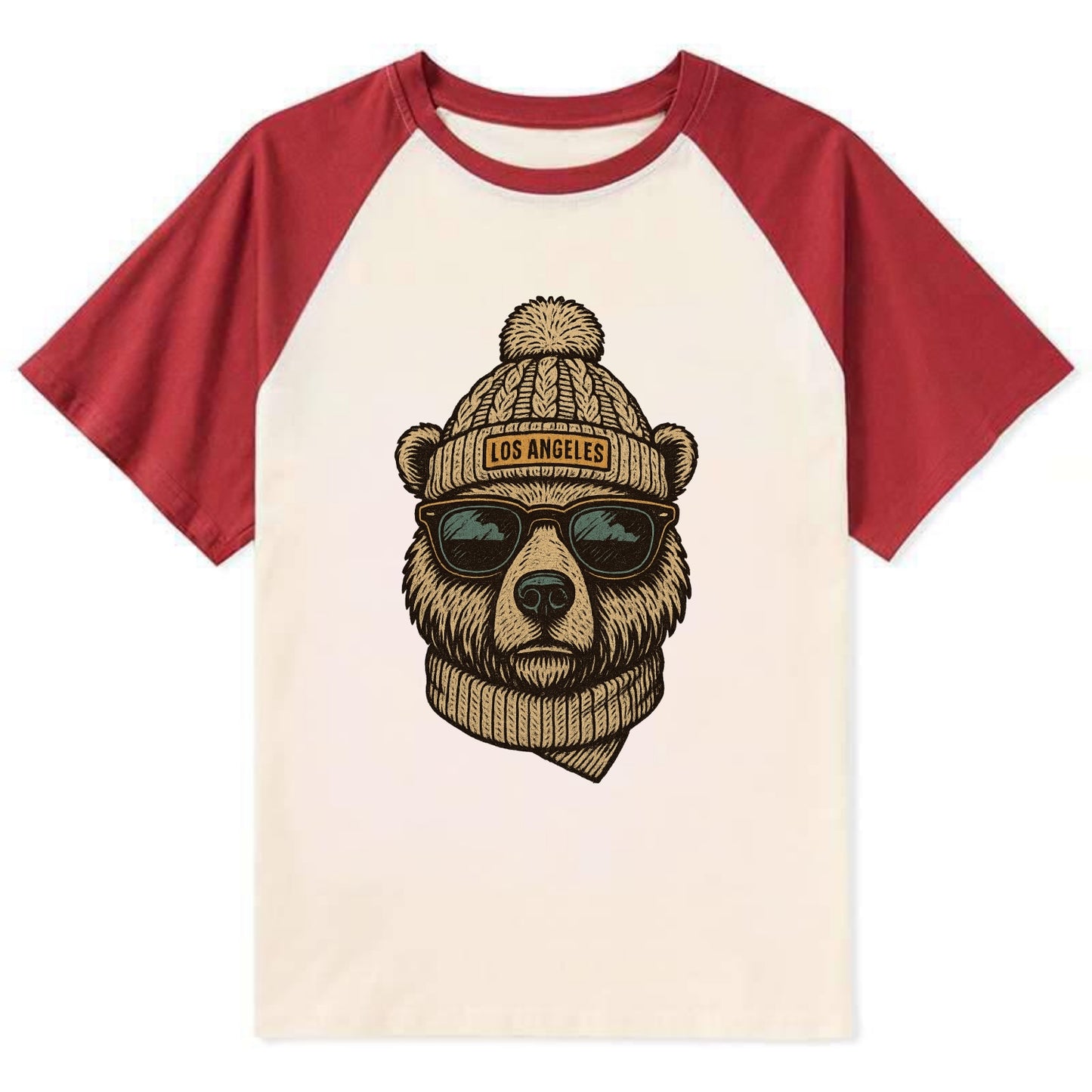 California Grizzly Bear wearing Los Angeles beanie with pom pom and - Contrast Raglan T-shirt - Red