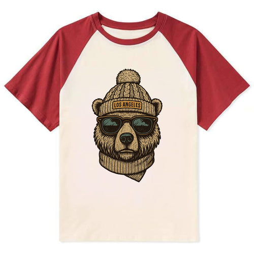 California Grizzly Bear wearing Los Angeles beanie with pom pom and - Contrast Raglan T-shirt