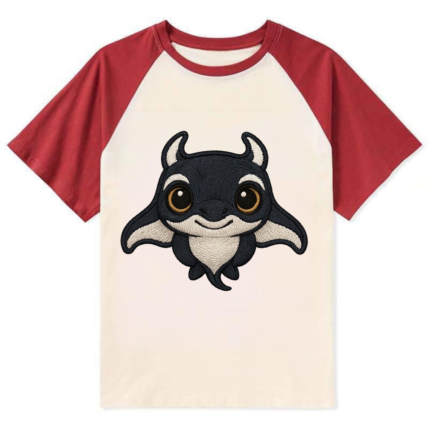 Baby Manta Ray - dark with white markings, cephalic fins, gentle eyes, - Contrast Raglan T-shirt - Red