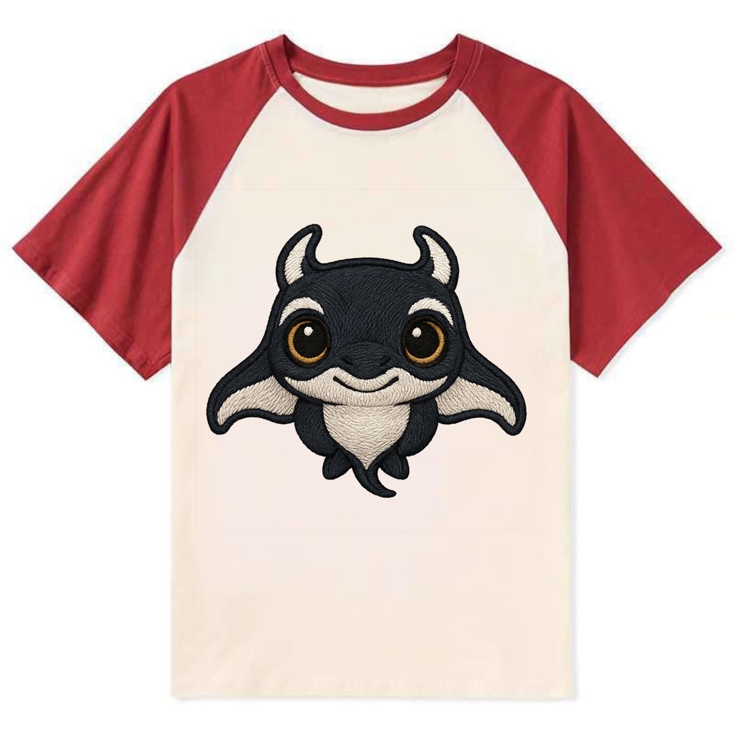 Baby Manta Ray - dark with white markings, cephalic fins, gentle eyes, - Contrast Raglan T-shirt - Red