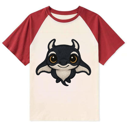 Baby Manta Ray - dark with white markings, cephalic fins, gentle eyes, - Contrast Raglan T-shirt - Red