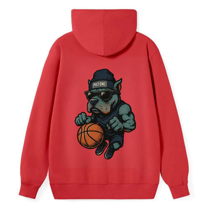 Detroit Pitbull wearing Pistons beanie with chrome patch and wayfarer - Classic Pullover Hoodie - Red