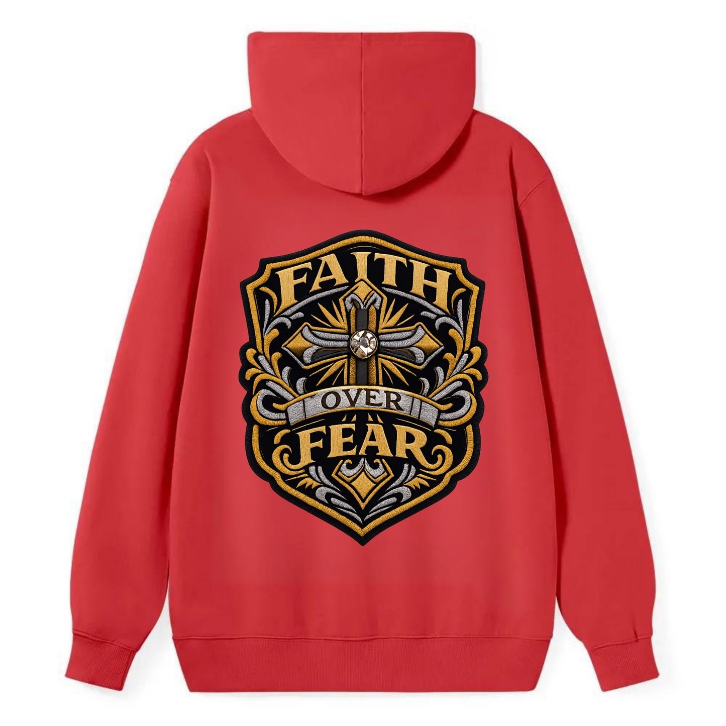 FAITH OVER FEAR - cross with text in gold , spiritual strength - Classic Pullover Hoodie - Red