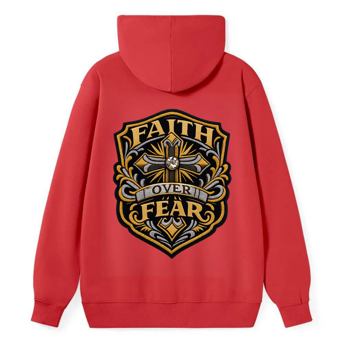 FAITH OVER FEAR - cross with text in gold , spiritual strength - Classic Pullover Hoodie - Red