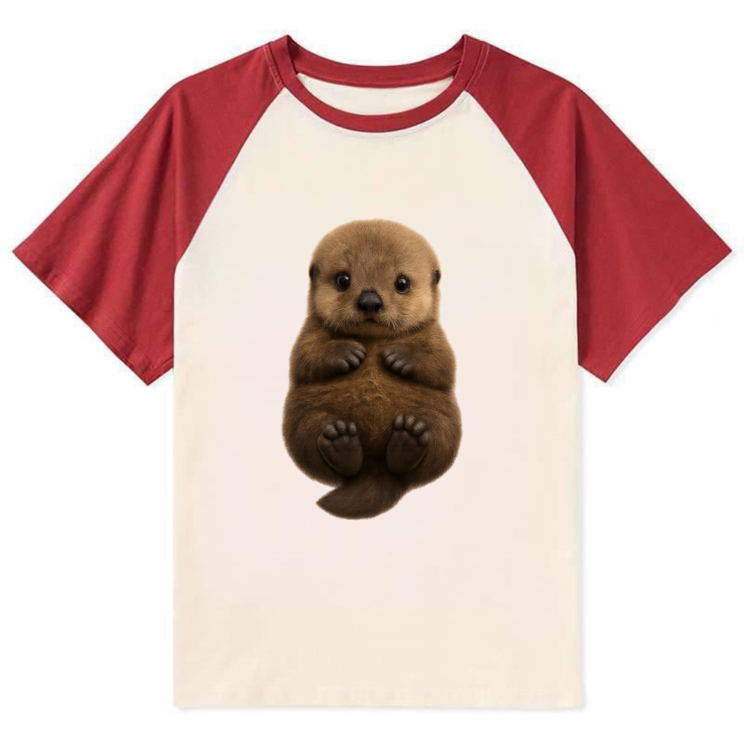 Baby Sea Otter - brown fluffy, floating on back, tiny paws, bright eyes, - Contrast Raglan T-shirt - Red