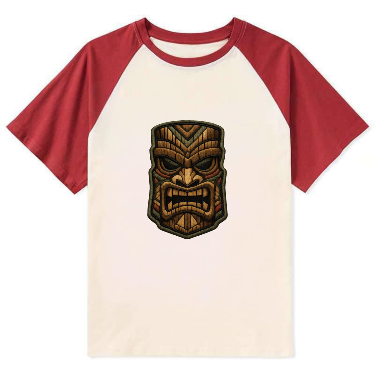 TIKI MASK - carved totem in brown and red , Polynesian - Contrast Raglan T-shirt - Red