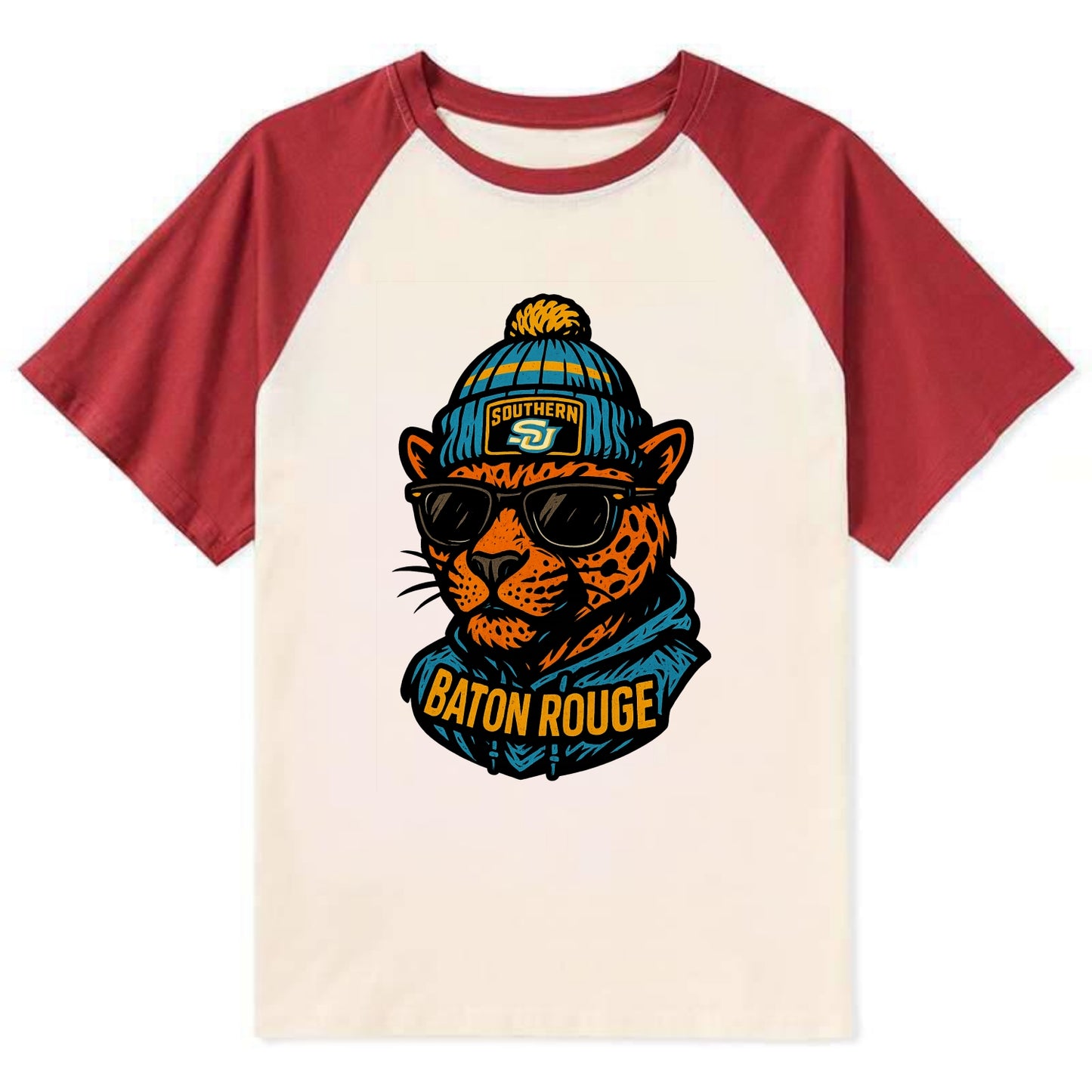 Baton Rouge Jaguar wearing Southern beanie with SU patch - Contrast Raglan T-shirt - Red