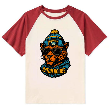Baton Rouge Jaguar wearing Southern beanie with SU patch - Contrast Raglan T-shirt - Red