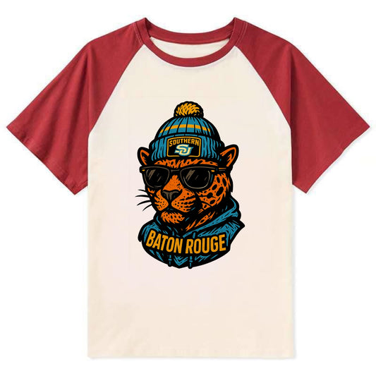 Baton Rouge Jaguar wearing Southern beanie with SU patch - Contrast Raglan T-shirt - Red