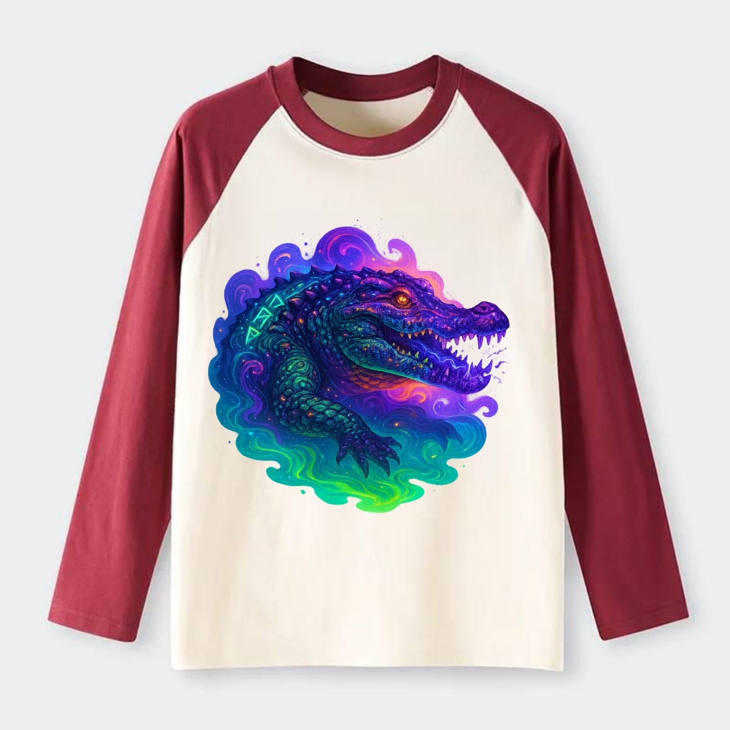 Primordial crocodile with scales pulsing plasma energy in green and - Raglan Long Sleeve T-Shirt - Red
