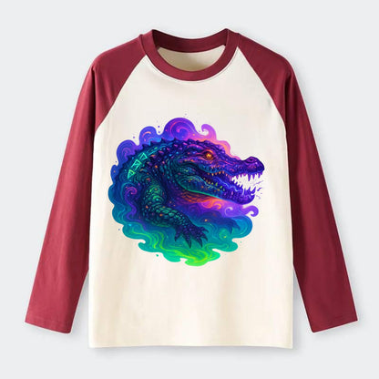 Primordial crocodile with scales pulsing plasma energy in green and - Raglan Long Sleeve T-Shirt - Red