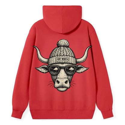 Fort Worth Longhorn wearing Fort Worth beanie with pom pom and wayfarer - Classic Pullover Hoodie - Red