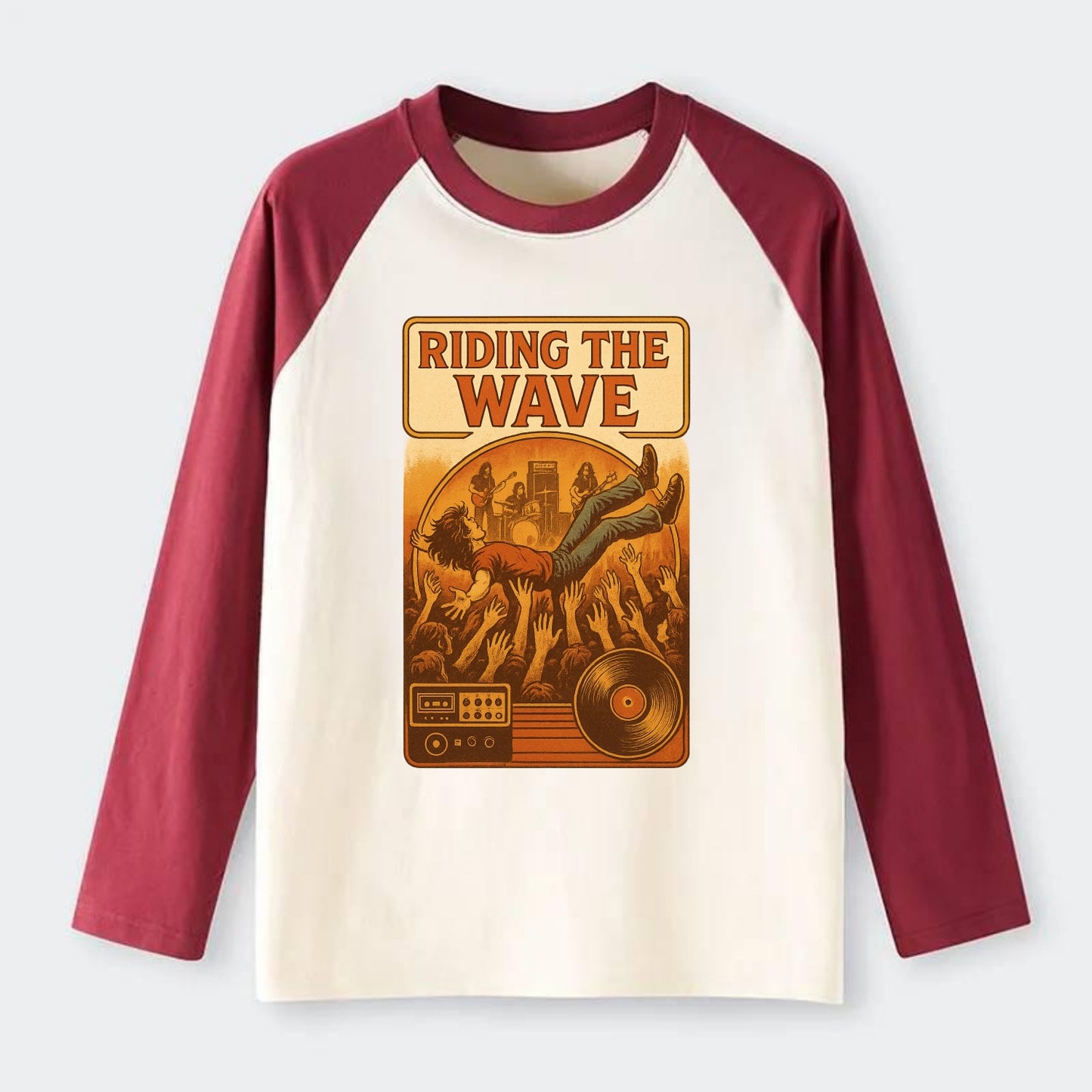 Crowd surfing at packed concert - "Riding the Wave" - concert energy - Raglan Long Sleeve T-Shirt - Red