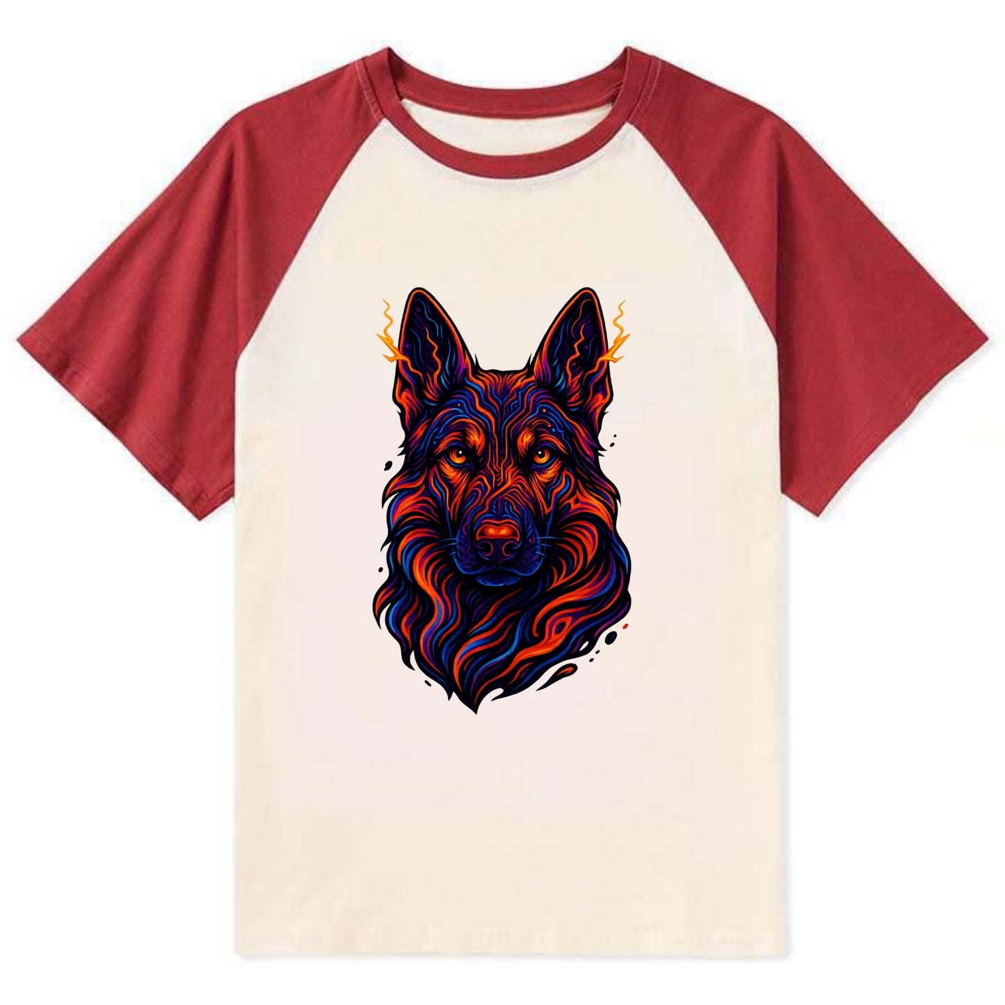 Alert German Shepherd with cyber circuit patterns in the fur, neon orange - Contrast Raglan T-shirt - Red