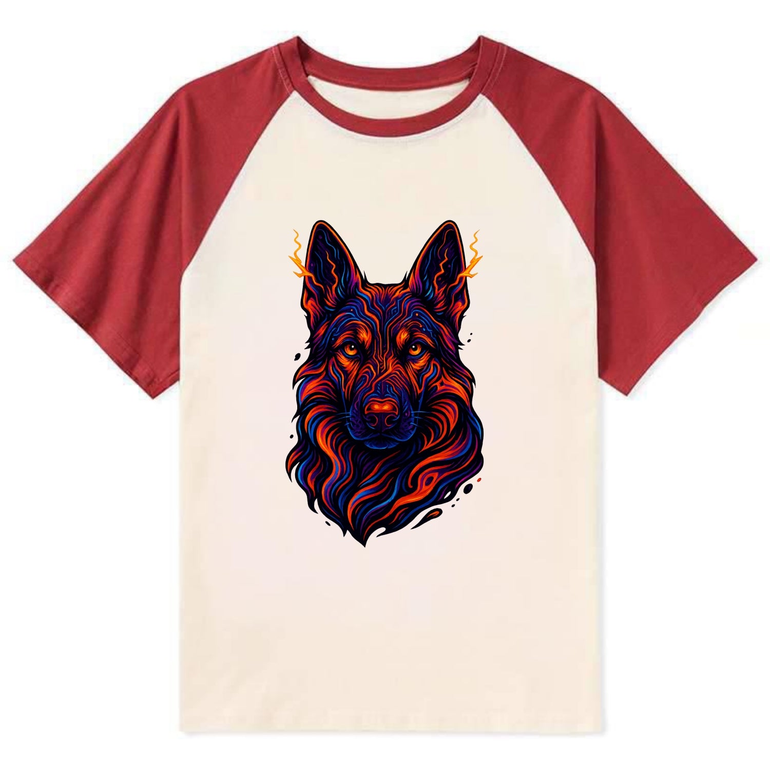 Alert German Shepherd with cyber circuit patterns in the fur, neon orange - Contrast Raglan T-shirt - Red