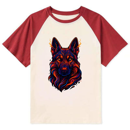 Alert German Shepherd with cyber circuit patterns in the fur, neon orange - Contrast Raglan T-shirt - Red