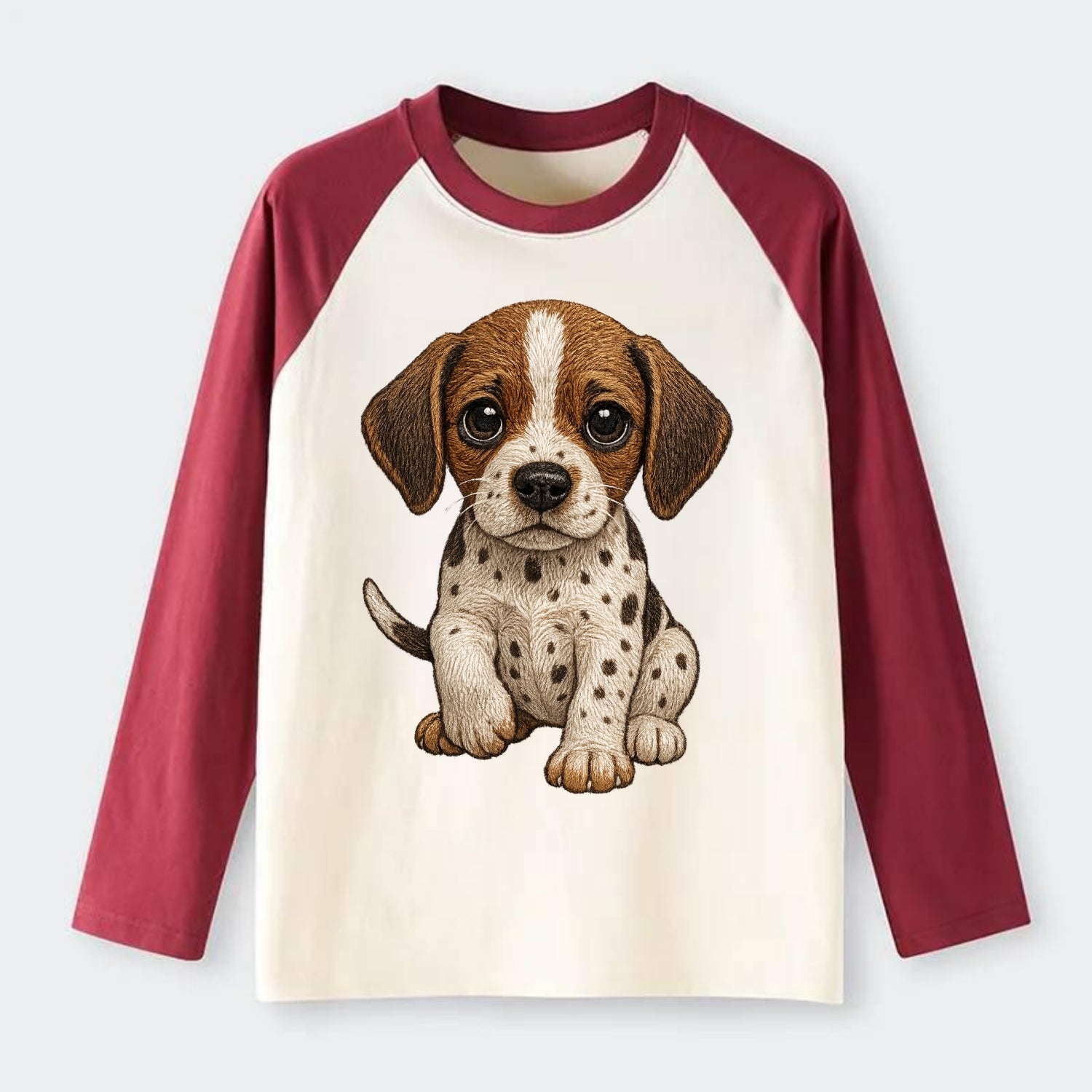 Baby Pointer Puppy - spotted coat, noble stance, alert eyes, - Raglan Long Sleeve T-Shirt - Red