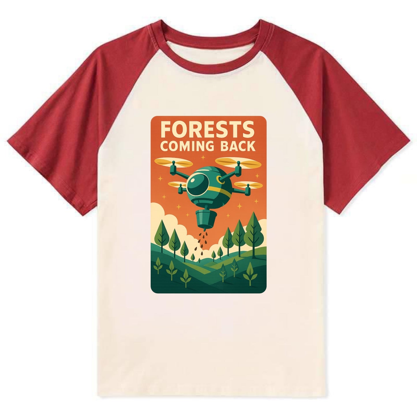 Reforestation drone planting millions of trees - "Forests Coming Back" - - Contrast Raglan T-shirt - Red