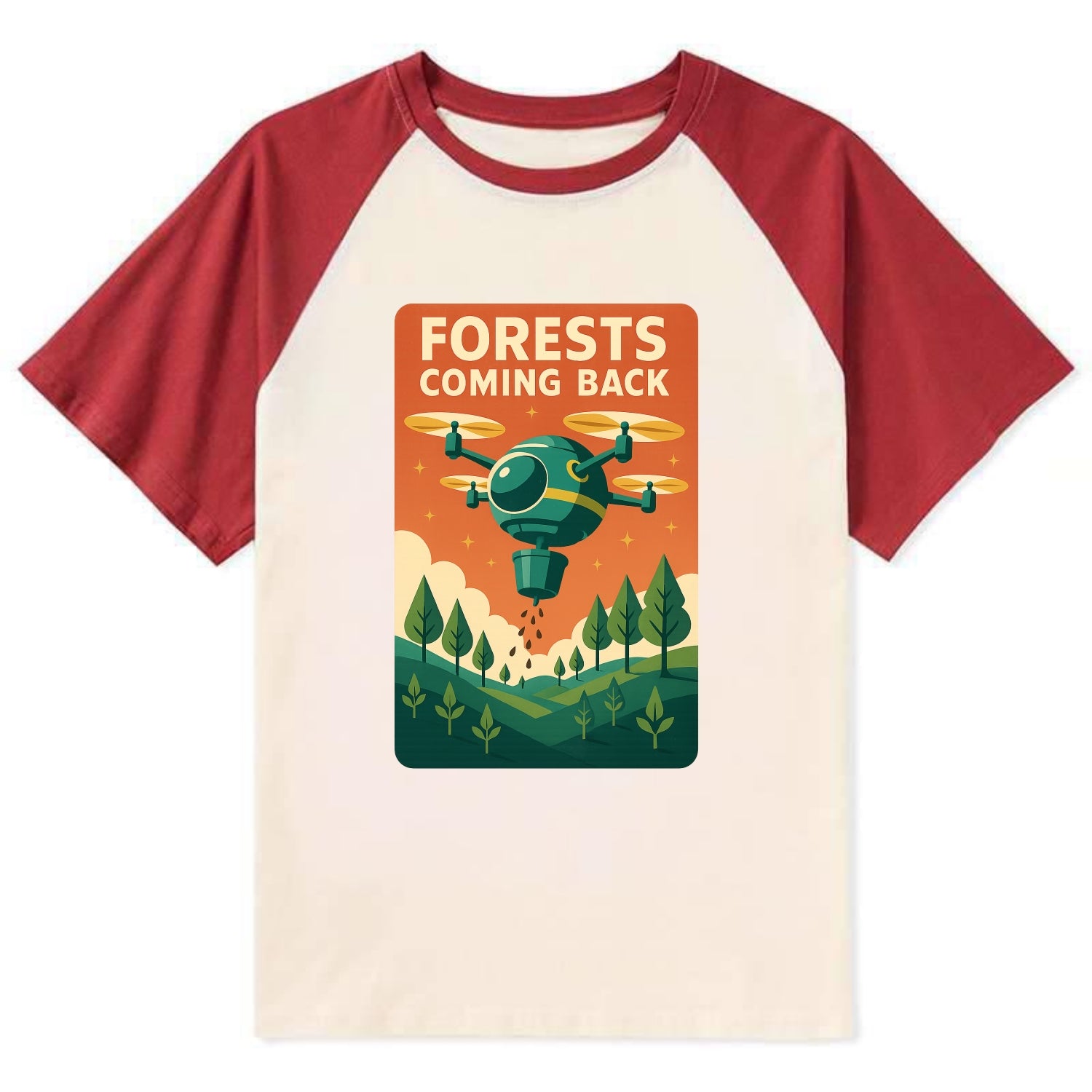 Reforestation drone planting millions of trees - "Forests Coming Back" - - Contrast Raglan T-shirt - Red
