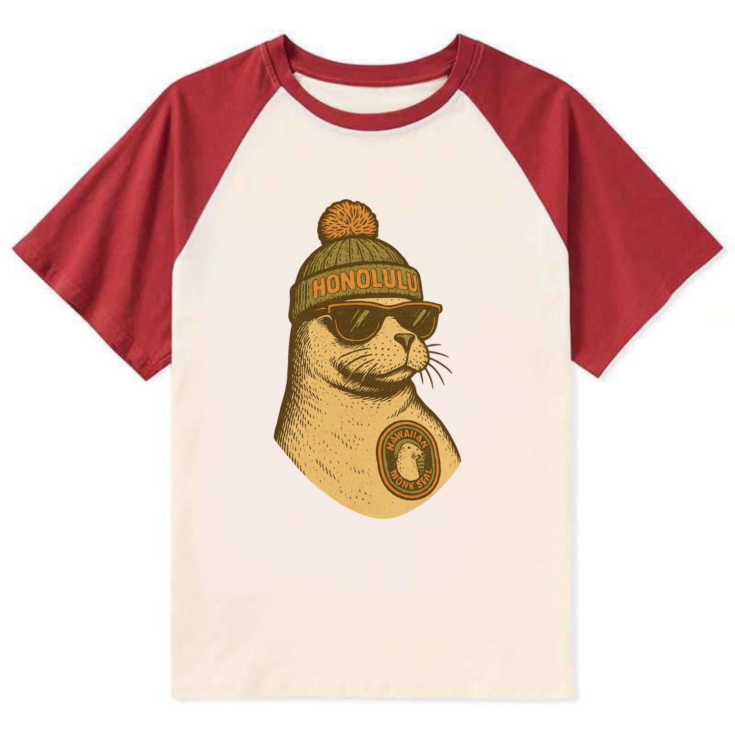 Hawaii Monk Seal wearing Honolulu beanie with pom pom and wayfarer - Contrast Raglan T-shirt - Red