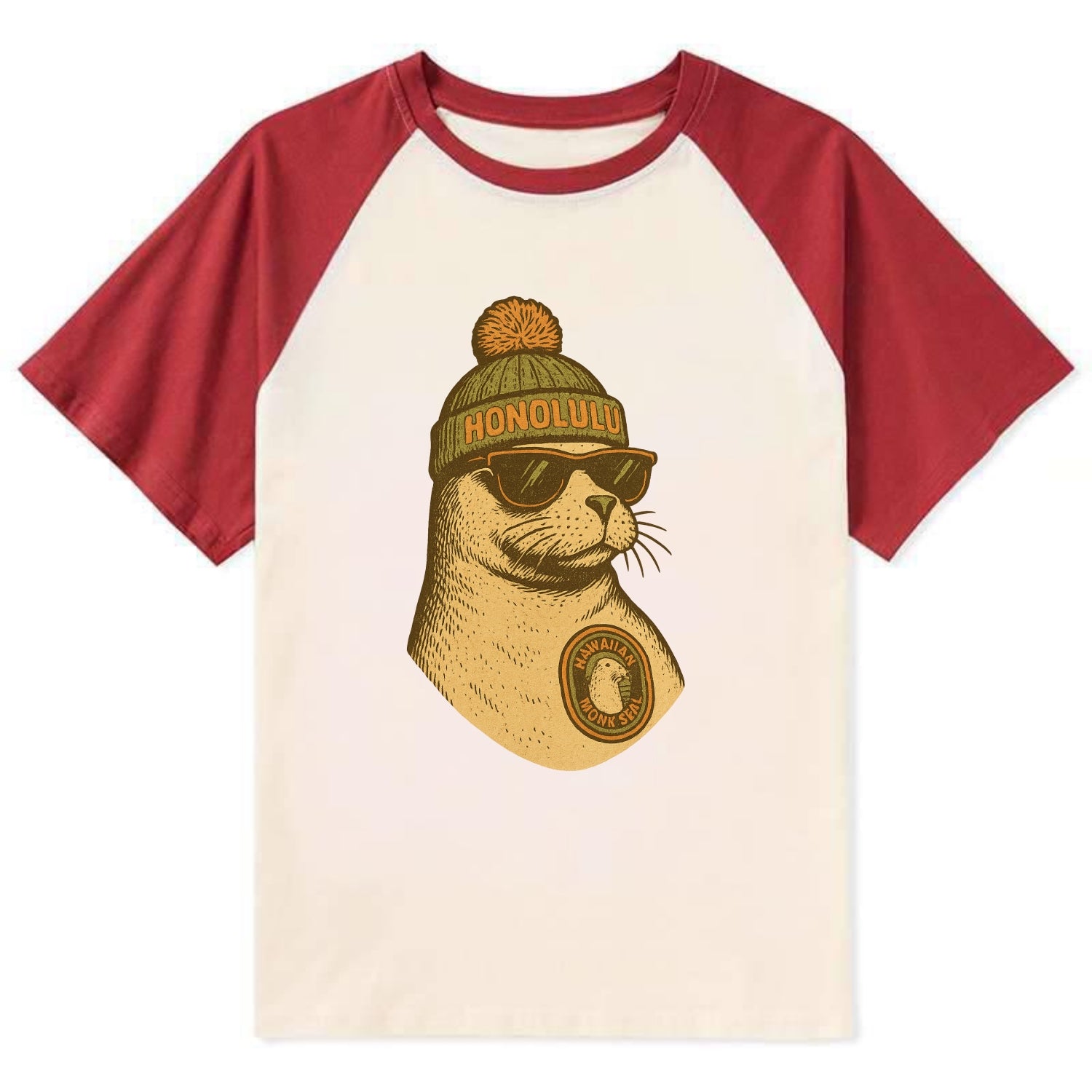 Hawaii Monk Seal wearing Honolulu beanie with pom pom and wayfarer - Contrast Raglan T-shirt - Red