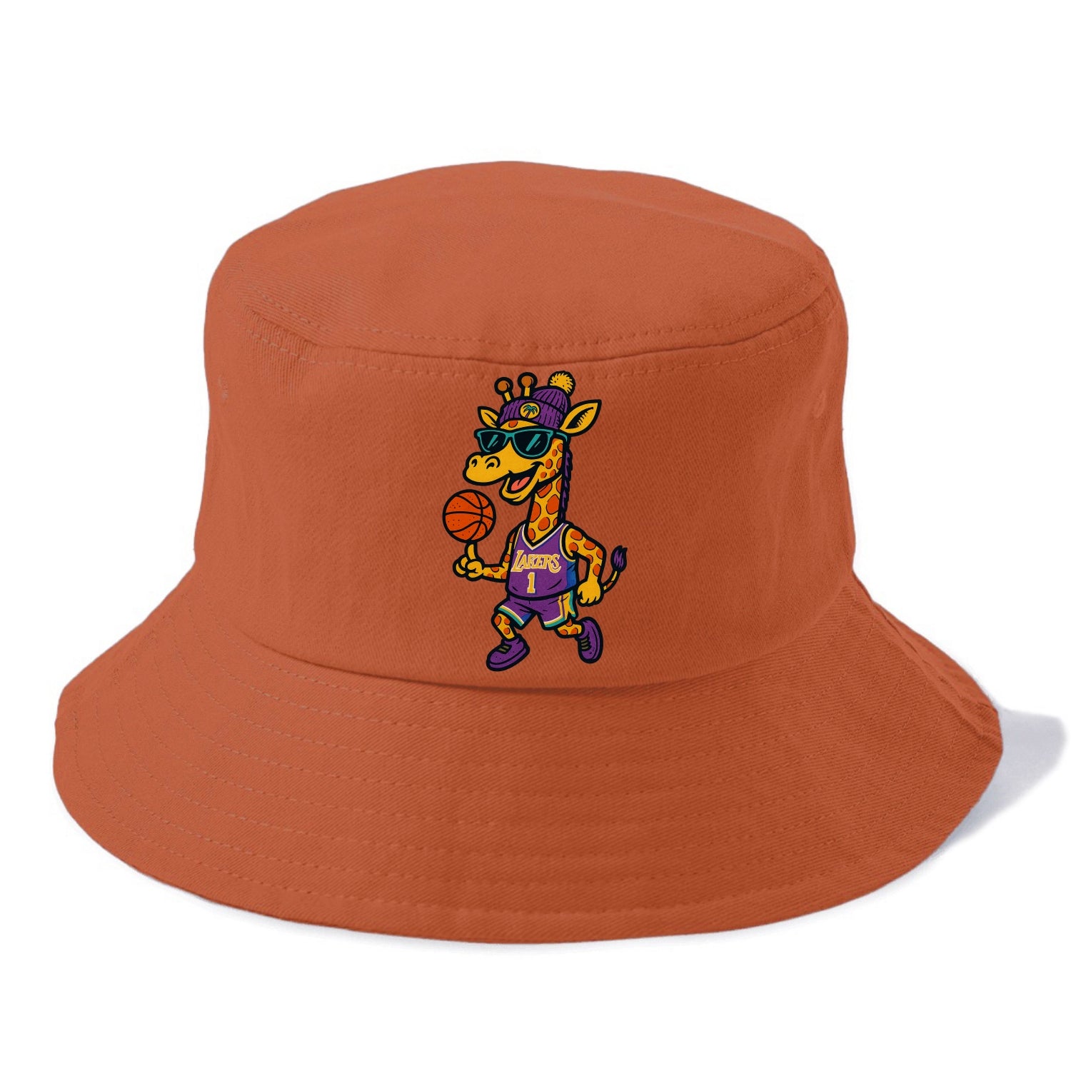 California Giraffe wearing Lakers beanie with palm tree patch and wayfarer sunglasses - Bucket Hat - Red