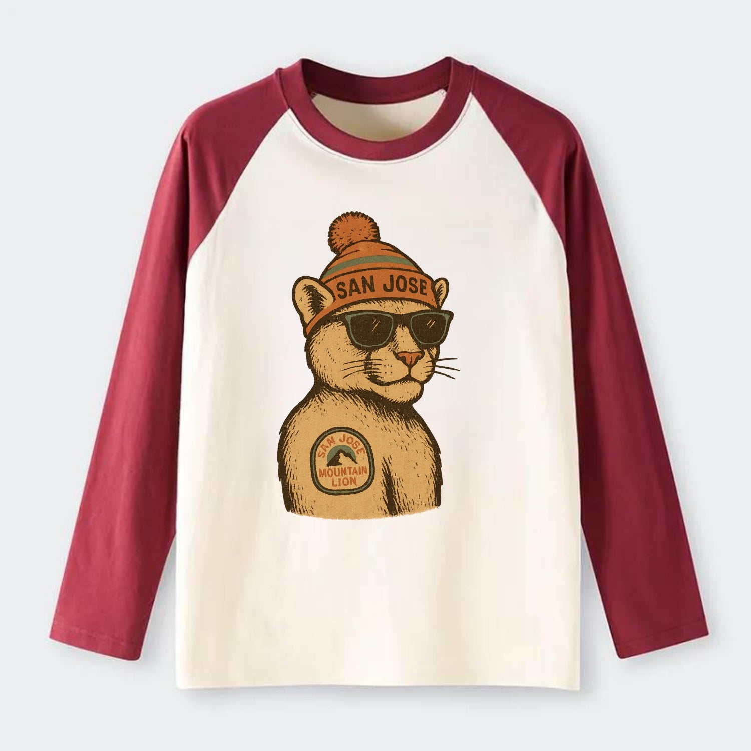 San Jose Mountain Lion wearing San Jose beanie with pom pom and - Raglan Long Sleeve T-Shirt - Red