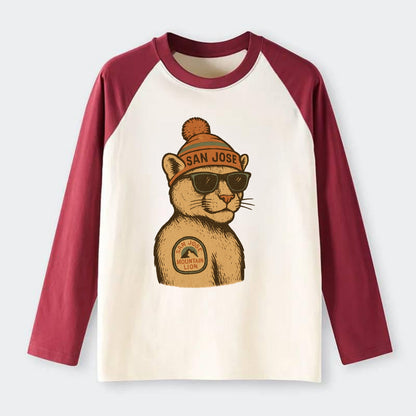 San Jose Mountain Lion wearing San Jose beanie with pom pom and - Raglan Long Sleeve T-Shirt - Red