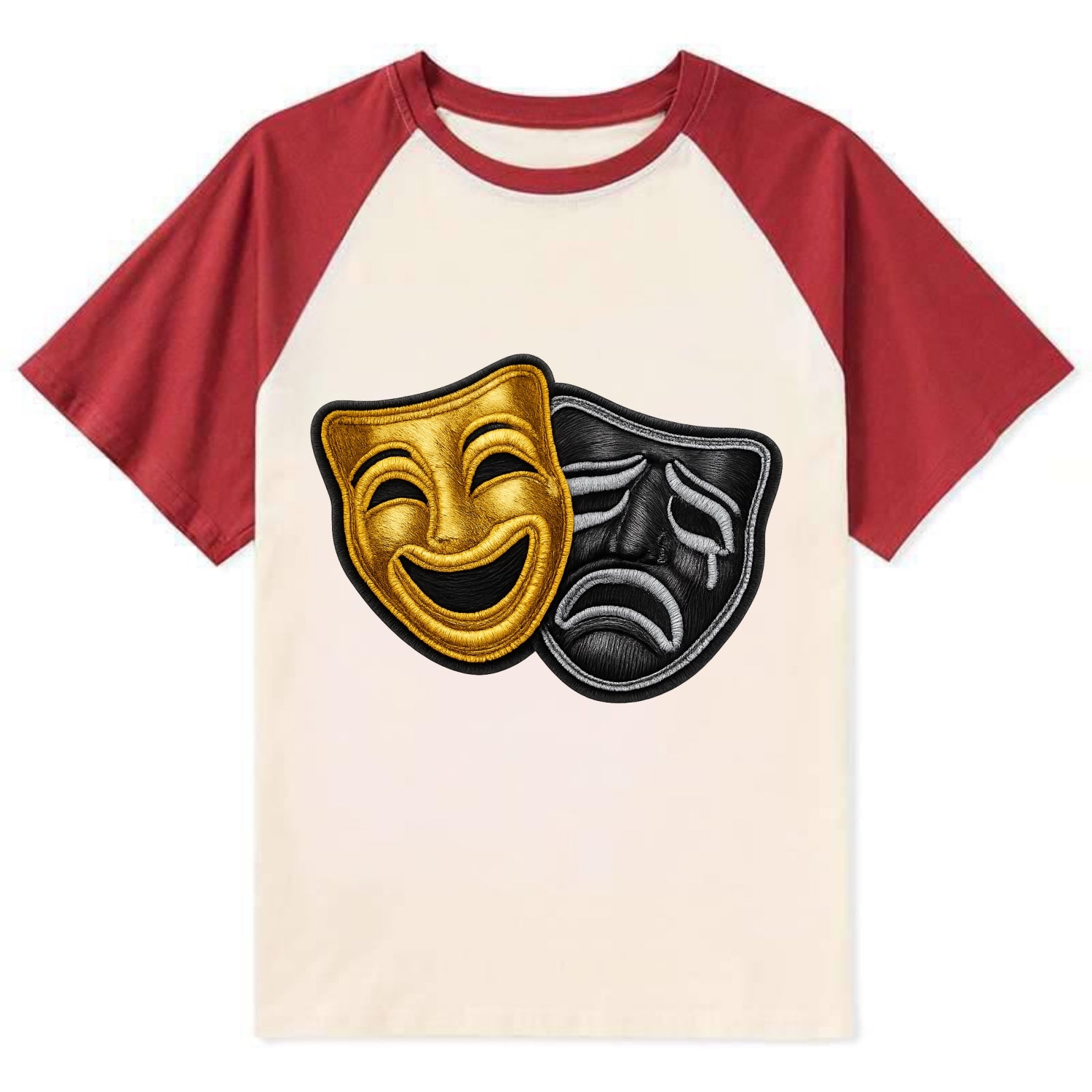 BROADWAY MASKS - comedy tragedy masks in gold and black , theater - Contrast Raglan T-shirt - Red