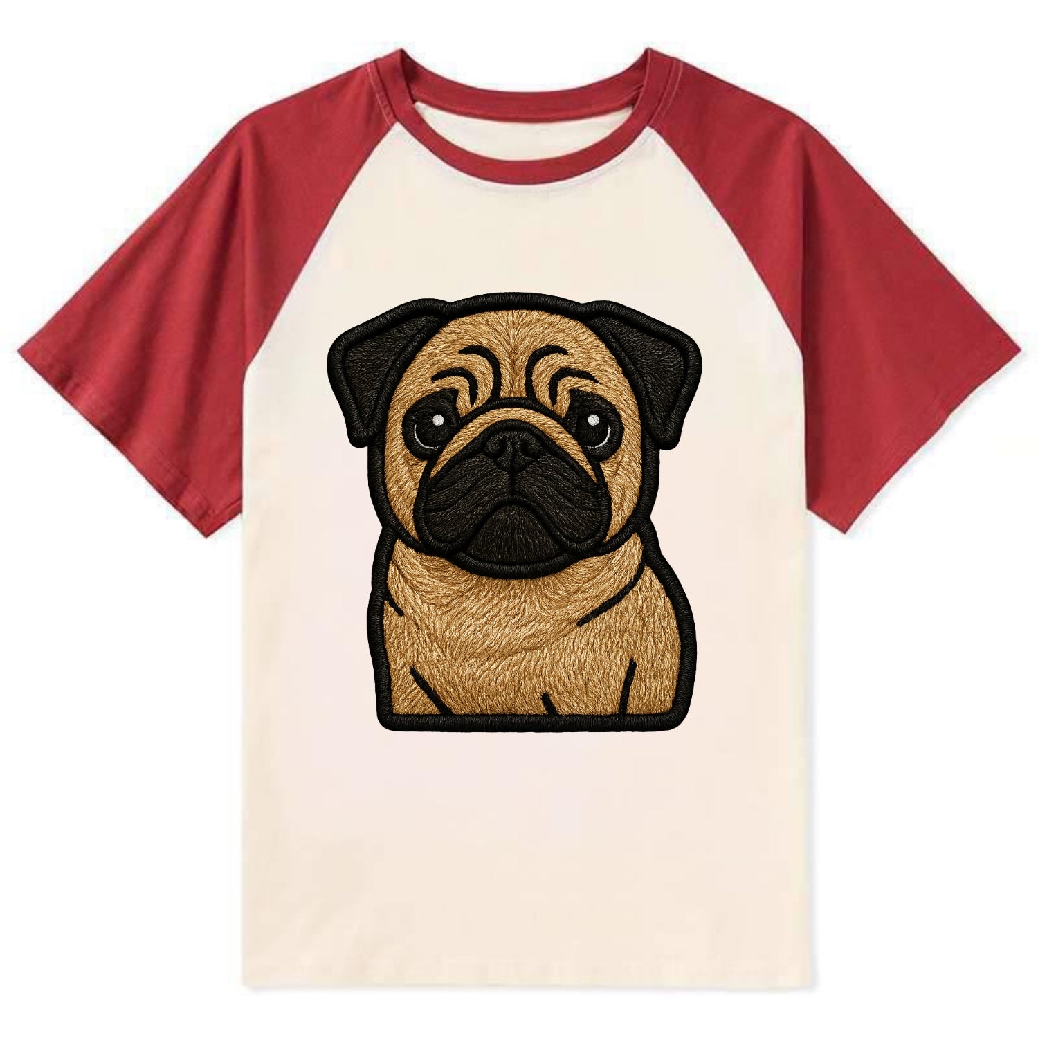 Pug - Contemporary wrinkled design with - Contrast Raglan T-shirt - Red