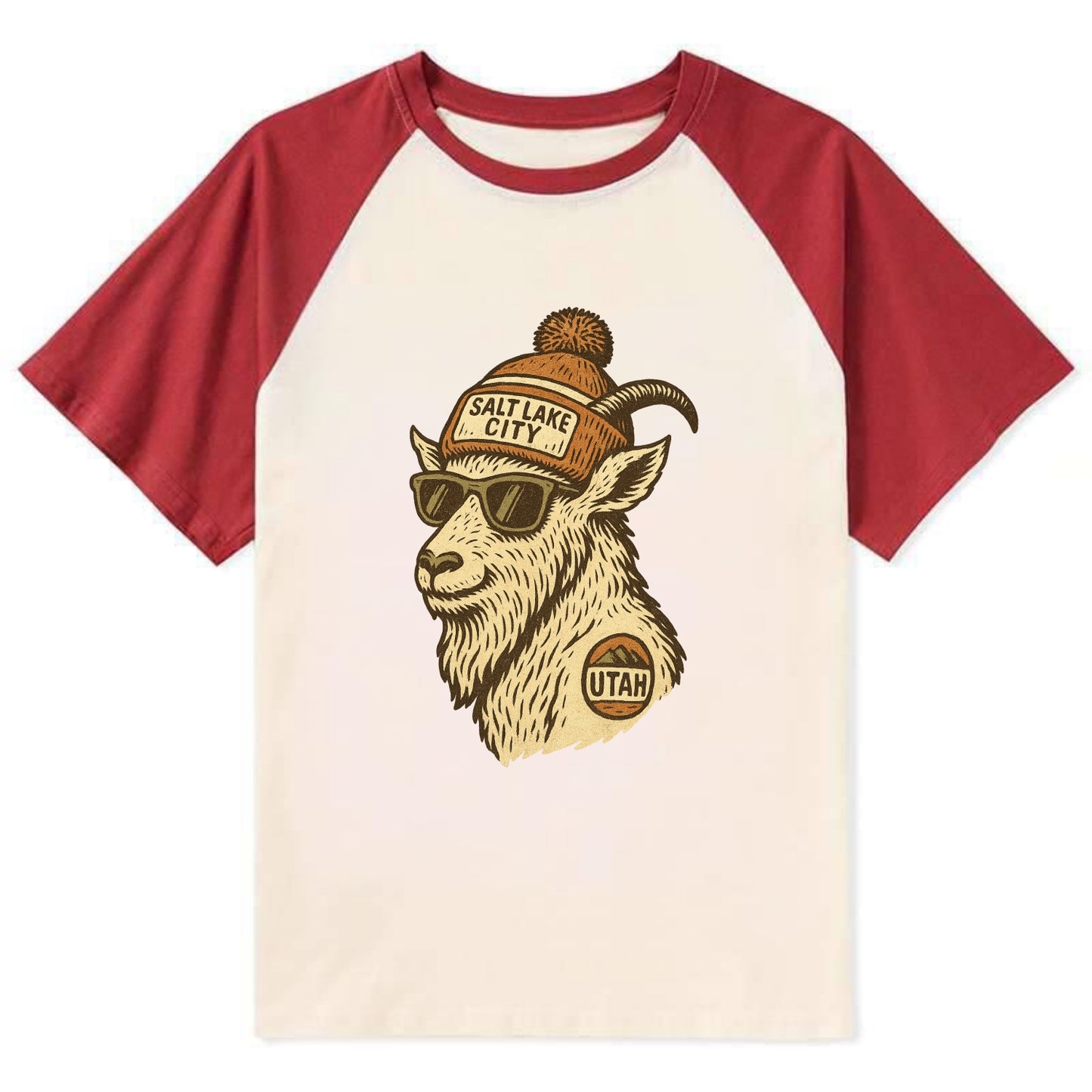 Utah Mountain Goat wearing Salt Lake City beanie with pom pom and - Contrast Raglan T-shirt - Red