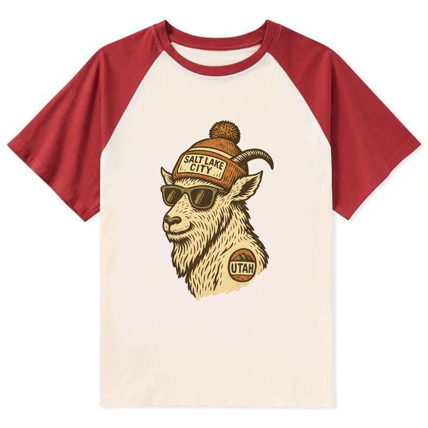 Utah Mountain Goat wearing Salt Lake City beanie with pom pom and - Contrast Raglan T-shirt - Red