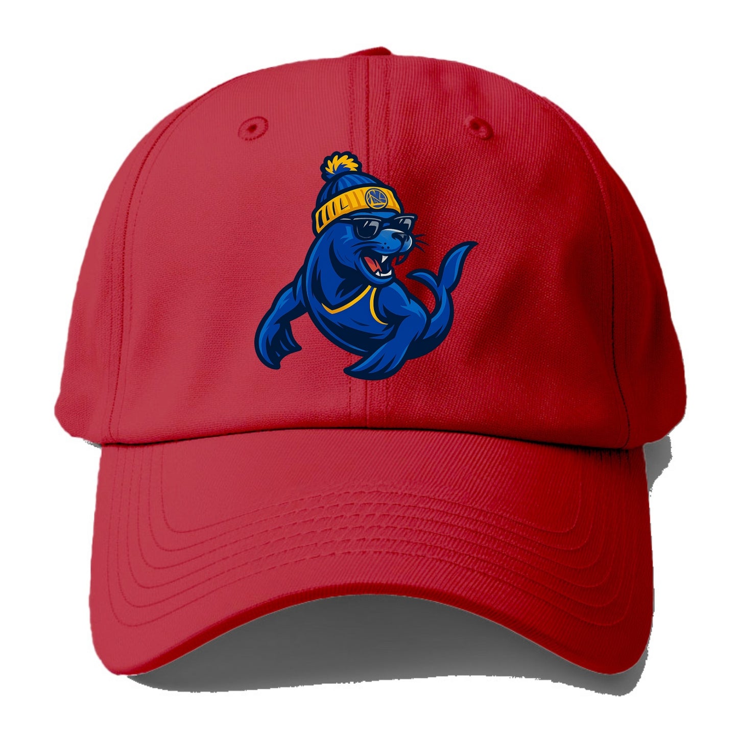 Bay Area Sea Lion wearing Warriors blue and gold beanie with Golden Gate and - Baseball Cap - Red