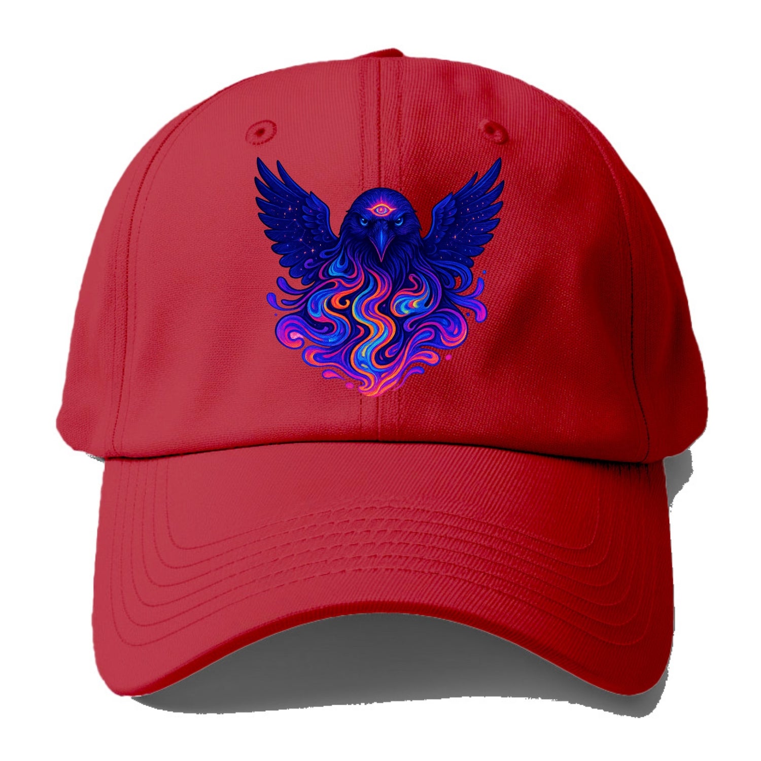 Mysterious raven with feathers showing future visions in neon colors, wings spread - Baseball Cap - Red