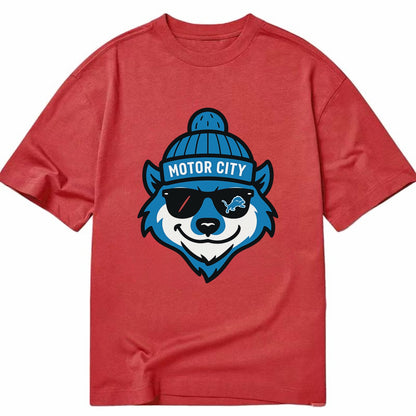 Motor City Wolverine wearing Lions beanie with gear patch and wayfarer sunglasses - Classic T-shirt - Red